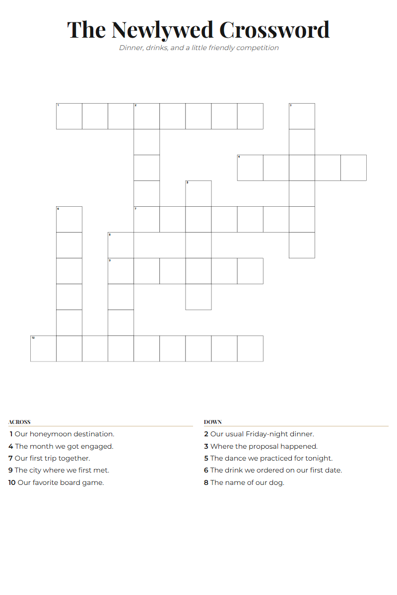 Black tie crossword template with black lettering, a muted gold rule, and a portrait layout