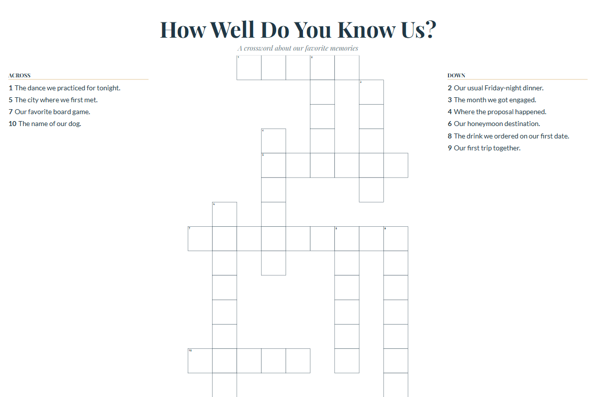 Classic reception crossword template with navy lettering and a landscape layout