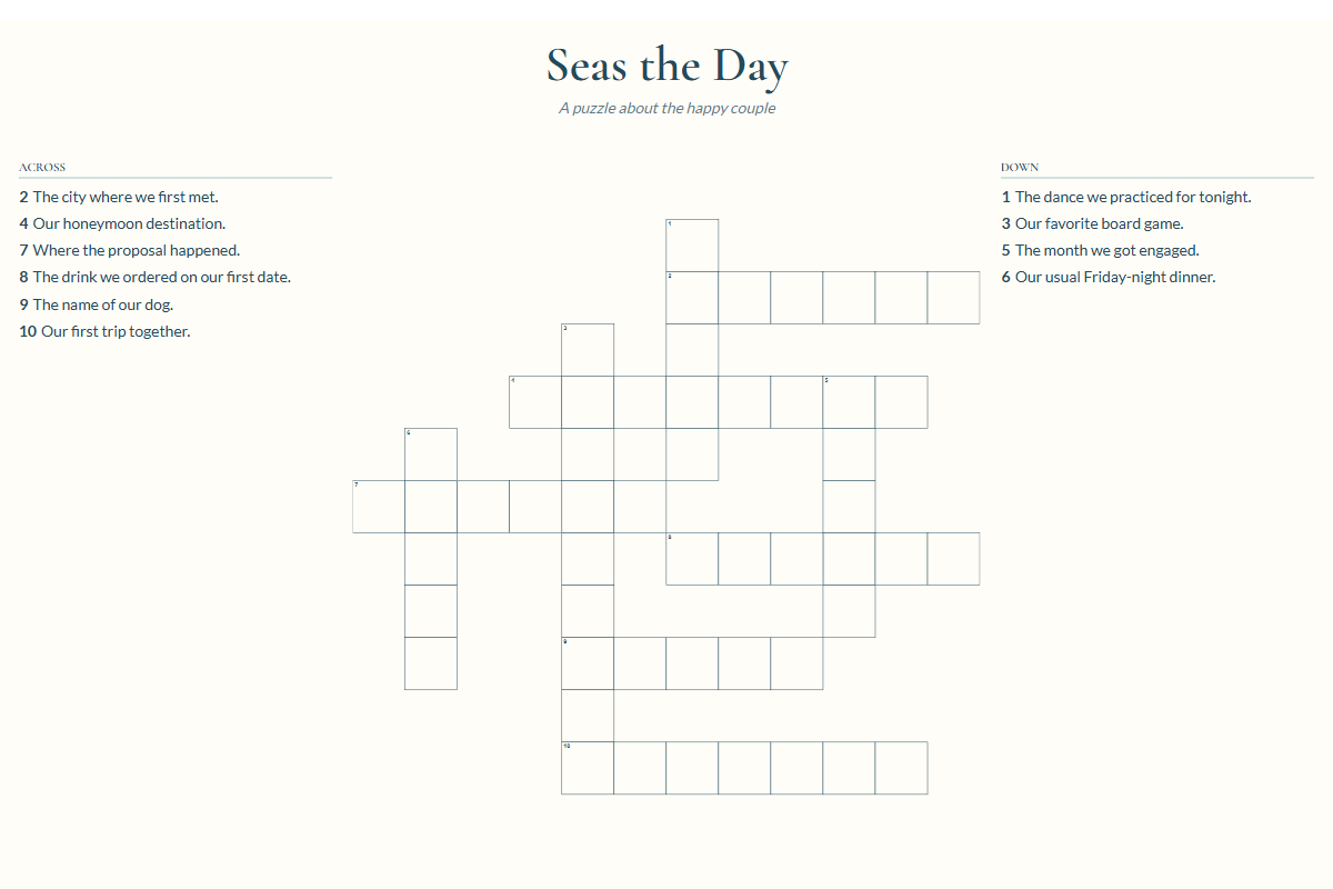 Coastal weekend crossword template with ocean blue lettering and a landscape layout
