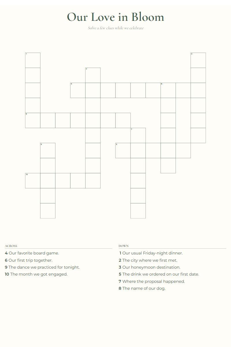 Garden party crossword template with sage lettering and a portrait layout