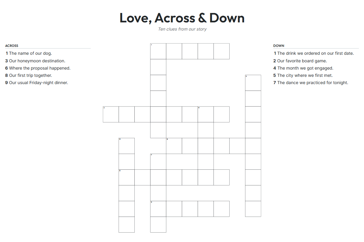 Modern minimal crossword template with charcoal lettering and a landscape layout