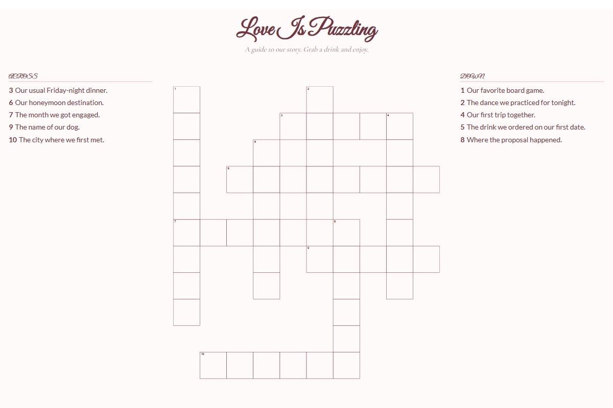 Romantic dinner crossword template with burgundy lettering and a landscape layout