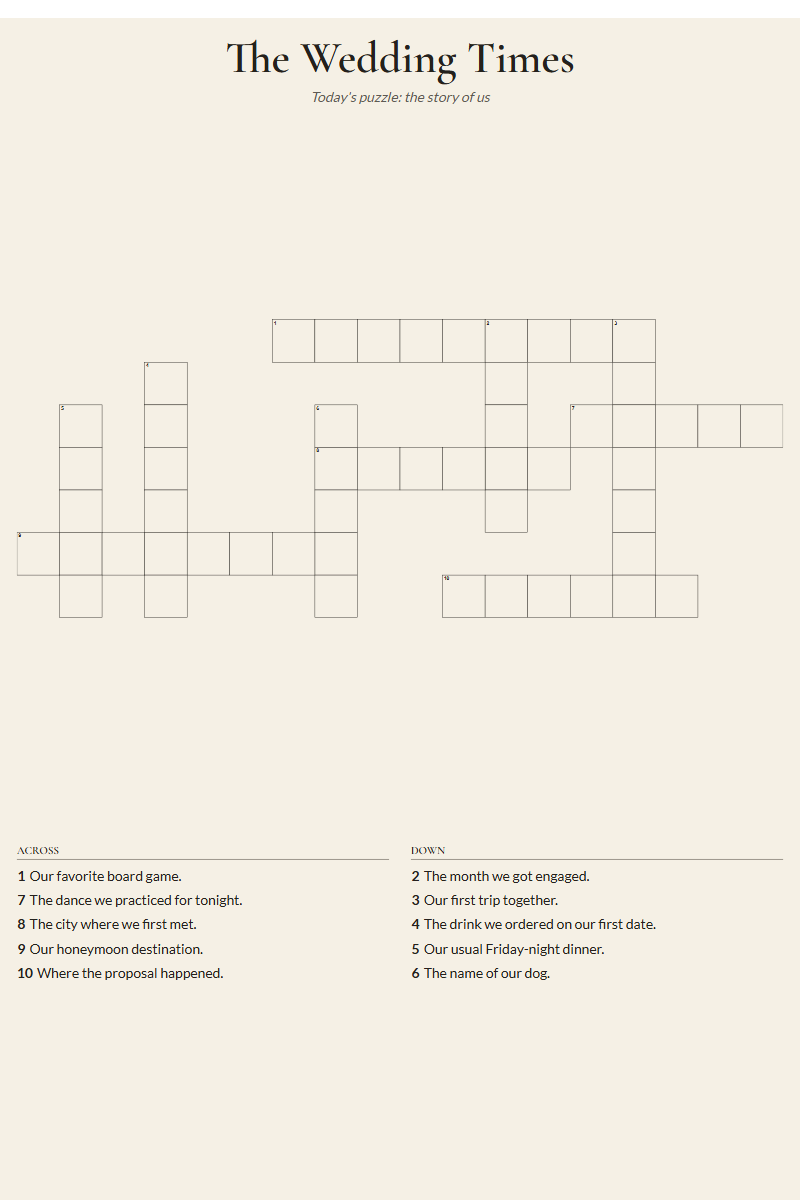 Wedding newspaper crossword template with old-paper tones and a portrait layout