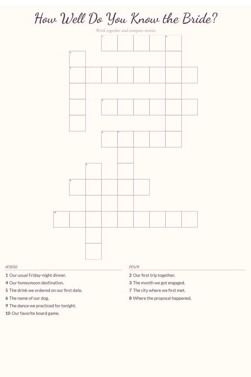 Wildflower bridal shower crossword template with plum lettering and a portrait layout
